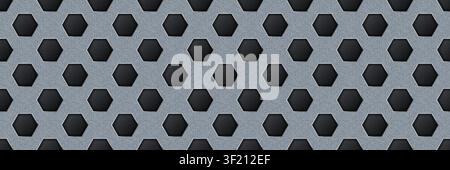 Silver seamless perforated metal sheet realistic texture. Metal chrome grill plate with hexagon holes. Modern design carbon radiator bg. Macro speaker Stock Vector