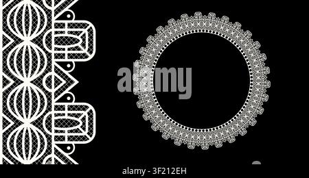 Seamless realistic textured lace border round frame isolated on black. Vintage crochet embroidery frame. Classic ornament border trim ribbon line. Vec Stock Vector
