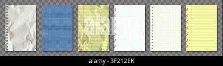 Vector realistic note paper pack isolated. White, retro, yellow and blue. New, torn, crumpled, jagged blueprint empty notebook sheets. Grid lines, cro Stock Vector