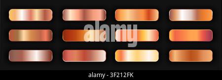 Realistic bronze golden gradient texture pack 12 in 1. Fill and stroke effects. Shiny gold copper metal foil gradient set. Metallic shiny buttons with Stock Vector