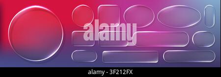 Realistic violet glassmorphism style basic IU mockup elements isolated on colored background. Neon glass transparent frame collection. Blur grass styl Stock Vector