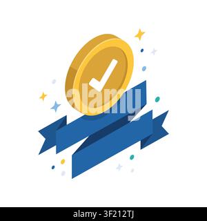 Gold medal with checkmark and blue ribbon for achievement illustration Stock Vector
