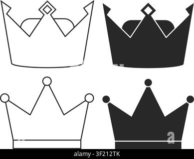 A collection of minimalist crown icons featuring two distinct styles in both line art and solid black silhouette vectors isolated on white. Stock Vector