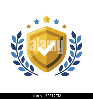 Gold shield badge with checkmark and laurel wreath vector illustration Stock Vector