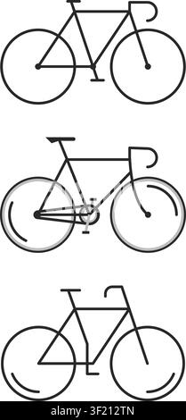 A collection of three simple bicycle line illustrations displaying different frame geometries and handle styles on a clean white background. Stock Vector