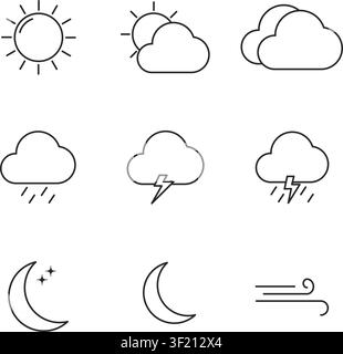A collection of simple line icons representing various weather conditions including sunny, cloudy, rainy, stormy, clear night, and windy. Stock Vector