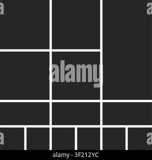 A modern dark gray grid template designed for a photo mosaic with varied square and rectangular framing options on a clean white background. Stock Vector