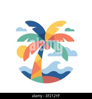 Palm tree on tropical beach colorful geometric illustration Stock Vector
