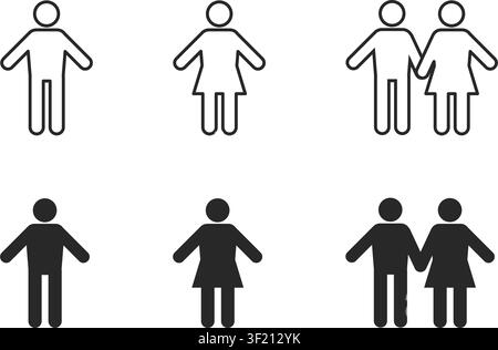 A clean set of minimalist male female and couple icons in solid black and outline styles perfect for restroom signs or gender symbols. Stock Vector