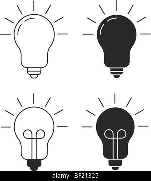 A minimal collection of glowing light bulb icons with line and solid styles symbolizing creativity, insight, inspiration, and bright thoughts. Stock Vector