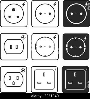 A comprehensive collection of power outlet icons representing different global standards. Ideal for travel guides, electrical manuals, and UI design k Stock Vector