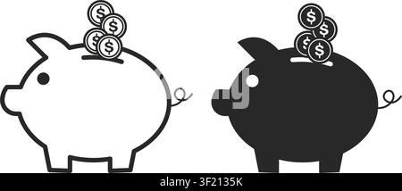 This graphic features two minimalist piggy bank icons. One is a simple black outline and the other is a solid black silhouette with falling money. Stock Vector