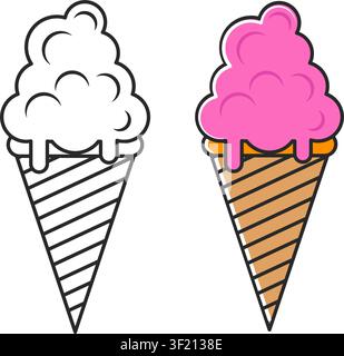 A simple line art illustration of an ice cream cone next to a fully colored example with pink scoop and brown waffle cone. Stock Vector