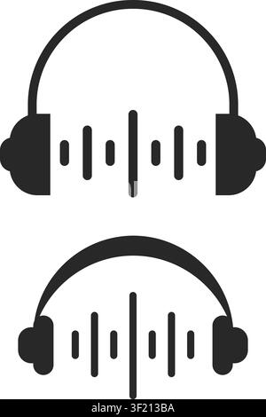 Minimalist black and white vector graphics showing headphones combined with vertical sound wave equalizer bars ideal for music podcast and audio logos Stock Vector