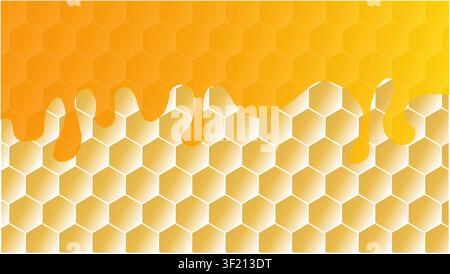 A graphic background featuring a golden honeycomb pattern with sweet orange honey dripping down from the top edge. Stock Vector