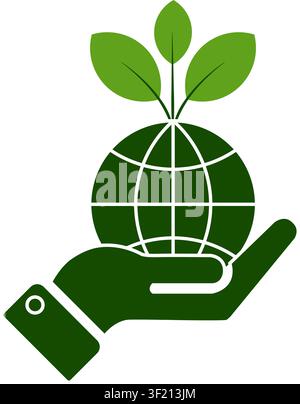 A dark green icon of a hand cradling the earth with fresh green leaves sprouting from the top representing environmental care and ecology. Stock Vector