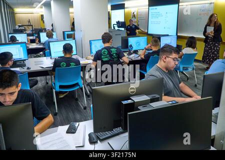 Palm Desert, California, USA. 14th July, 2026. Students participate in a classroom session during the Air & Space Forces Association Palm Springs Chapter 134 Summer Cyber Camp at the College of the Desert Information Technology Center. Instructors lead discussions while students work through hands-on exercises in cybersecurity, computer networking, coding, artificial intelligence, and cyber defense as part of the week-long technology education program. (Credit Image: © Ian L. Sitren/ZUMA Press Wire) EDITORIAL USAGE ONLY! Not for Commercial USAGE! Stock Photo