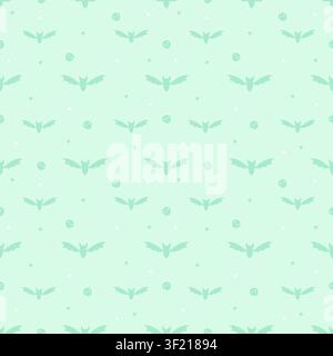 Cute seamless pattern of pastel mint green background with dark green bats and tiny skulls. Minimalist creepy cute repeating background in kawaii styl Stock Vector