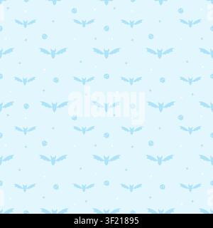Cute seamless pattern of pastel light blue background with dark blue bats and tiny skulls. Minimalist creepy cute repeating background in kawaii style Stock Vector