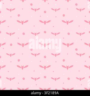 Cute seamless pattern of pastel pink background with dark pink bats and tiny skulls. Minimalist creepy cute repeating background in kawaii style for t Stock Vector