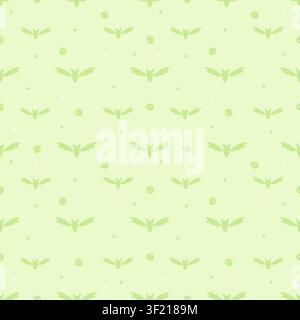 Cute seamless pattern of pastel lime green background with dark green bats and tiny skulls. Minimalist creepy cute repeating background in kawaii styl Stock Vector