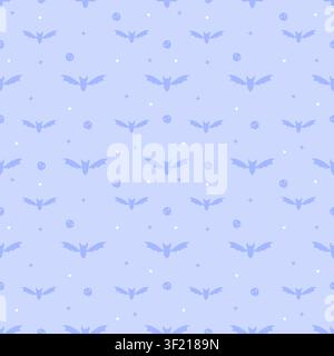 Cute seamless pattern of pastel periwinkle background with dark lavender bats and tiny skulls. Minimalist creepy cute repeating background in kawaii s Stock Vector
