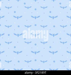 Cute seamless pattern of pastel sky blue background with dark blue bats and tiny skulls. Minimalist creepy cute repeating background in kawaii style f Stock Vector