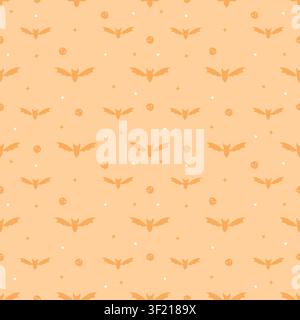 Cute seamless pattern of pastel orange background with dark orange bats and tiny skulls. Minimalist creepy cute repeating background in kawaii style f Stock Vector