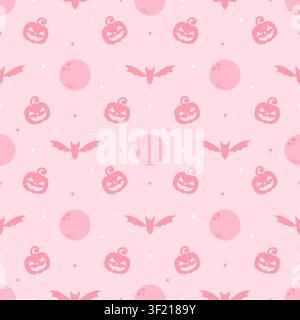 Cute seamless pattern of pastel pink background with Jack o lanterns, bats, and moons. Minimalist creepy cute repeating background in kawaii style for Stock Vector
