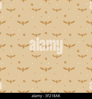 Cute seamless pattern of pastel brown background with dark brown bats and tiny skulls. Minimalist creepy cute repeating background in kawaii style for Stock Vector