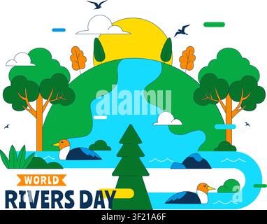Vector Illustration of a River Landscape with Mountain Views, Green Fields, Trees, and Forests Surrounding the Rivers in a Flat Cartoon Background Stock Vector