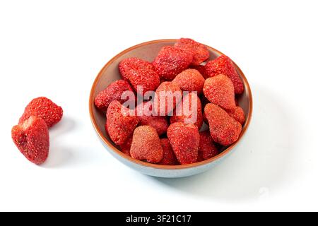 Crispy freeze dried strawberry fruits wholesome natural red berry snack Stock Photo