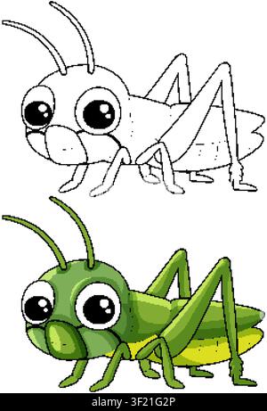 A friendly green grasshopper character presented in both colored and black and white outline styles Stock Vector