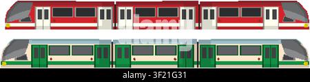 Side profile view of two modern urban commuter trains in red and green colors. Stock Vector