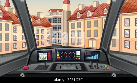 Flat vector illustration showing a digital dashboard cockpit overlooking historic European urban architecture. Stock Vector