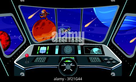 Cartoon spaceship interior with control panel view of planets, comets, and an orange astronaut. Stock Vector