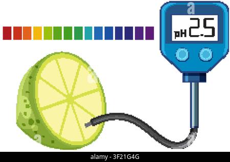 Vector illustration of a digital pH meter testing a lime slice with a color scale Stock Vector