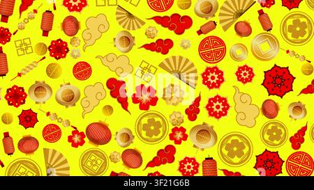 Vector illustration of traditional lanterns, clouds, and fans arranged in a festive seamless pattern. Stock Vector