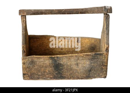 An empty old wooden toolbox. Toolbox isolated on white background. Stock Photo
