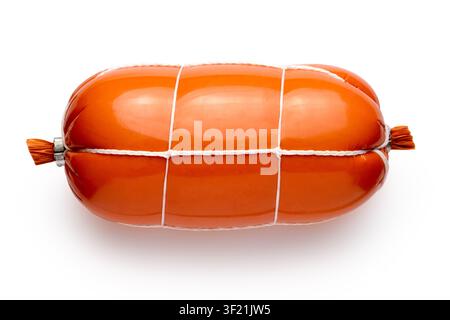 Boiled sausage on white background. Whole boiled sausage close-up. Stock Photo