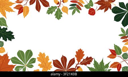 Rectangular frame of colorful autumn leaves and acorns on white background Stock Vector