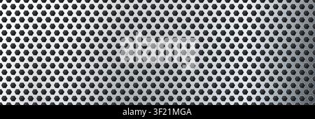 Gold seamless perforated metal sheet realistic texture. Metal chrome grill plate with small octagon holes. Modern design carbon radiator bg. Macro spe Stock Vector
