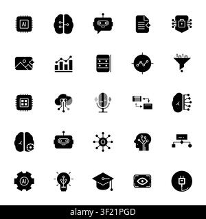 Artificial intelligence and machine learning filled icons set Stock Vector