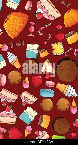 Colorful vector illustration of various sweets and desserts in a retro pop art style. Stock Vector