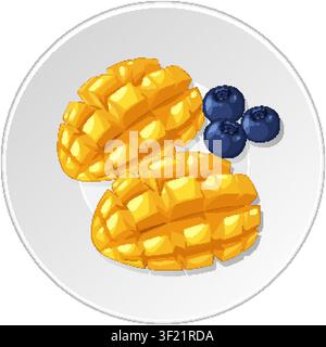 Top view vector illustration of cubed mango and fresh blueberries on a white ceramic plate Stock Vector