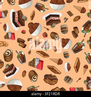 Flat vector illustration of assorted chocolate cakes, ice cream, and cookies on orange background. Stock Vector