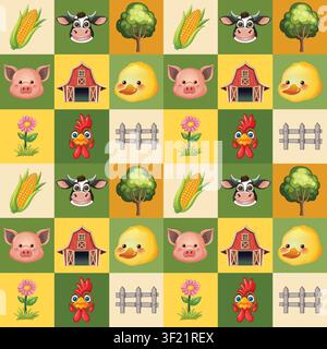 Flat vector illustration of farm animals, barns, and crops arranged in a repeating grid. Stock Vector