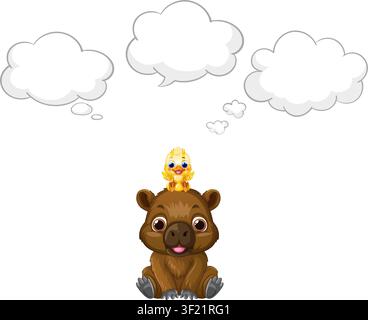 Flat vector illustration of a brown bear and yellow duckling with blank speech bubbles. Stock Vector
