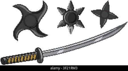Vector illustration of a curved katana sword and three different black shuriken throwing stars Stock Vector