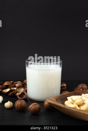 Macadamia nuts milk in glass. Natural raw peeled macadamia seeds and shells, the hardest and most expensive nuts in the world on black background Stock Photo